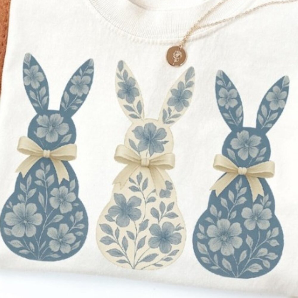 Floral Bunny Shirt, Cute Bunnies Shirt, Coquette Bow Easter Shirt - Picture 2 of 3